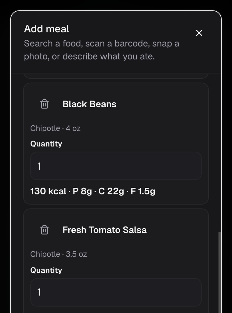 Restaurant orders logged item by item, with portions and macros for each.